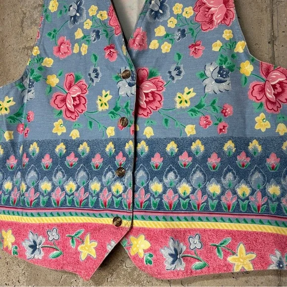 Vintage 80s Vivaldi floral denim v neck button up vest large - Picture 2 of 6